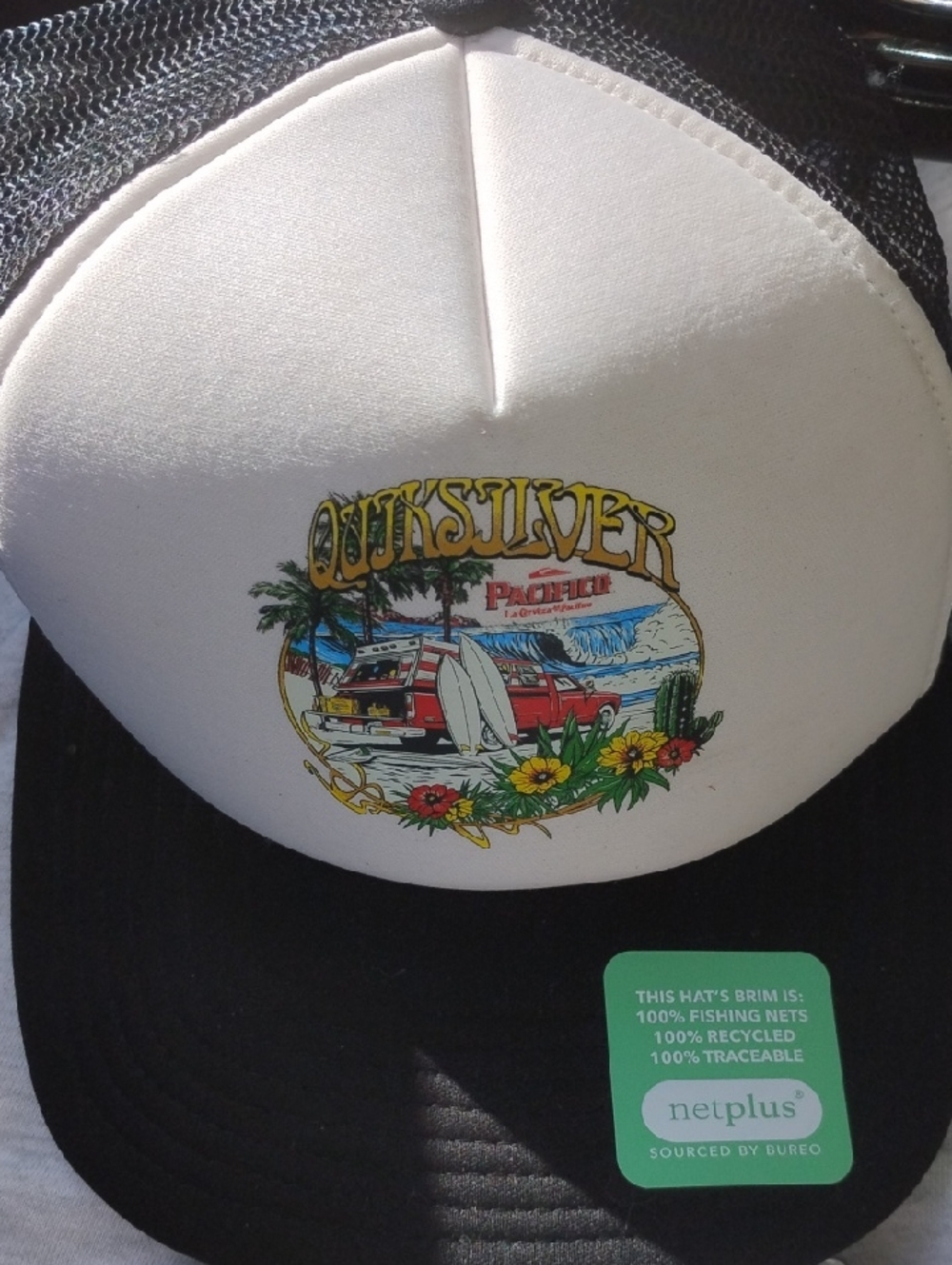 Quiksilver Black and White Trucker Hat with Surf Van Graphic